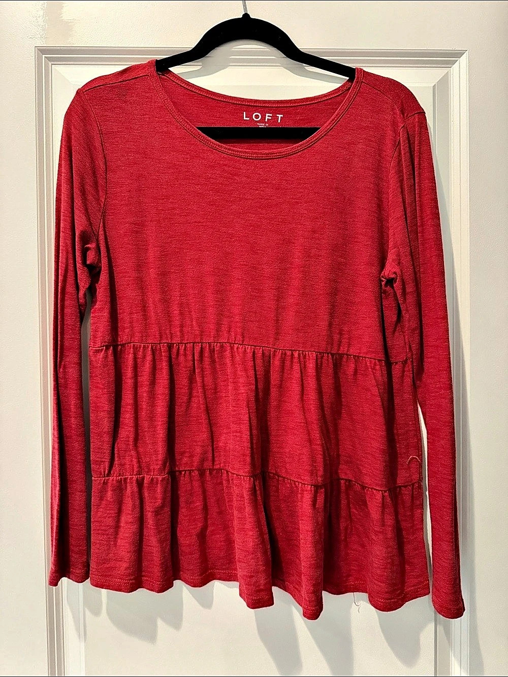 LOFT Long Sleeve Tiered Tee Tunic in Red Size Small